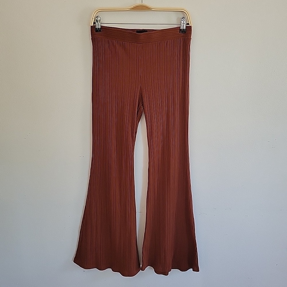 Angie Rib Knit Flared Leg Pants Medium Chocolate Brown Chic Elevated Minimalist